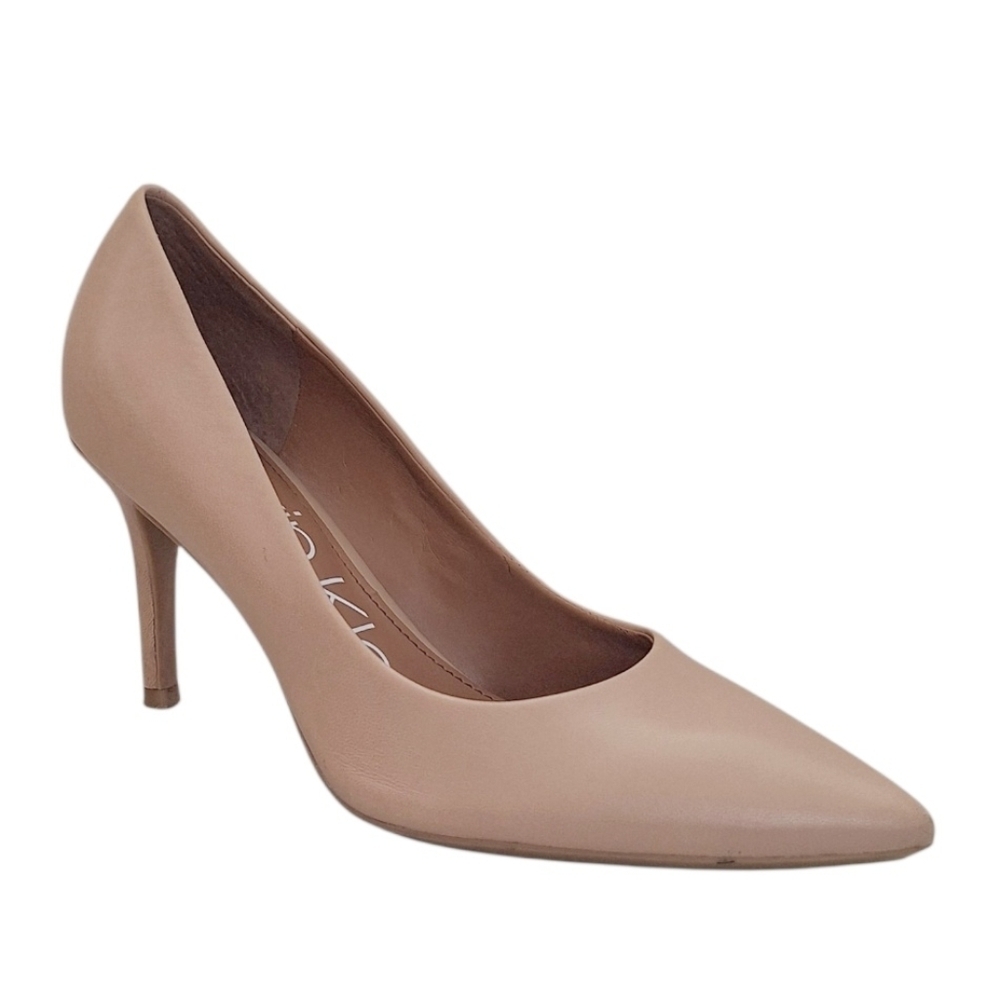 Calvin Klein Nude Faux Leather Pointed Toe Heels Size 6 Classic Pump
